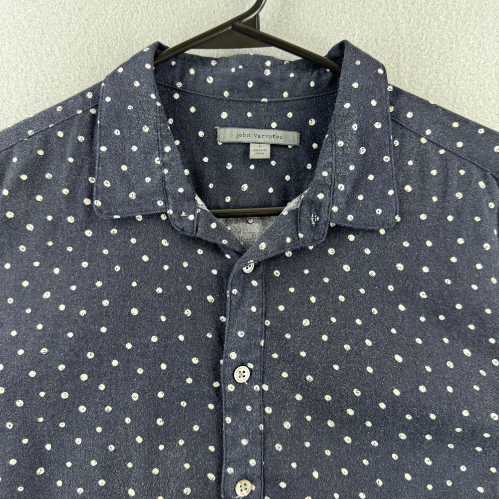 John Varvatos Shirt Mens Large Blue Polka Dot Linen Ramie Blend Short Sleeve - Picture 2 of 12